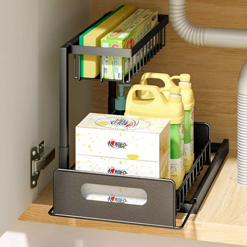 Under Sink Storage Shelf – Adjustable Cabinet Organizer for Kitchen & Bathroom