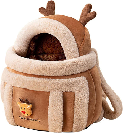 Pet Carrier Backpack – Plush Reindeer Travel Bag with Hand Warmers for Winter Adventures