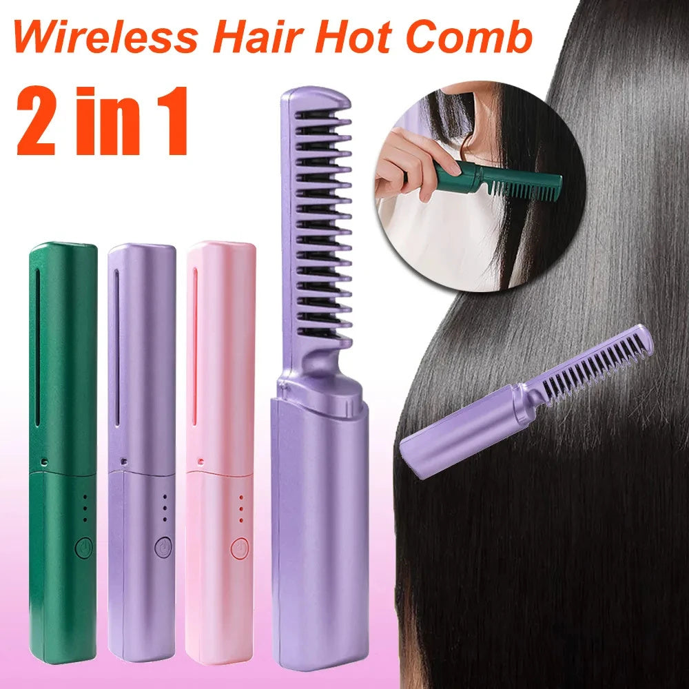 Portable Wireless Hair Straightener & Curler – Fast Heating Ionic Styling Brush