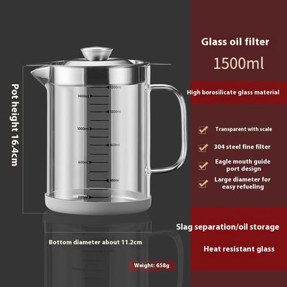 Glass Oil Filter Pot – Household Kitchen Lard Jar with Anti-Leakage Net